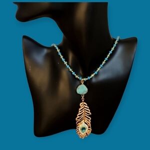Handmade Howlite Beaded Rhinestone Peacock Feather Pendant Castlecore Necklace